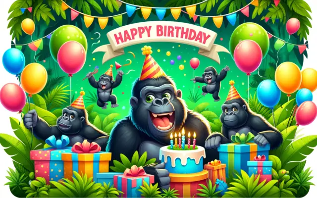 Cartoon gorillas in party hats with a birthday cake, balloons and presents