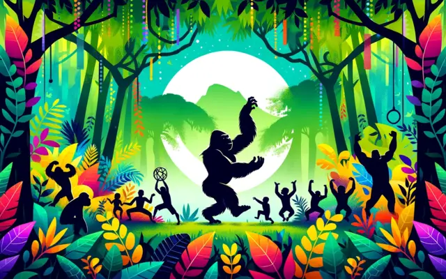 Silhouettes of children and a gorilla playing under a jungle moon
