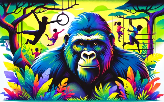 Cartoon gorilla in the jungle with children swinging on ropes and rings