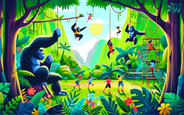 Cartoon gorilla watching children climb a jungle gym
