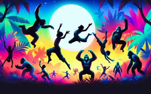 Silhouettes of children leaping in front of a bright jungle sunset